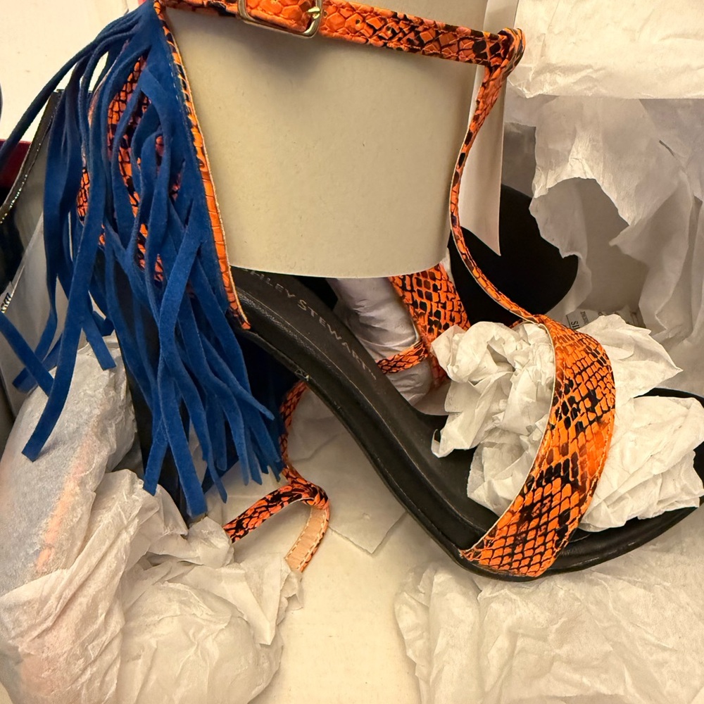 Ashley Stewart Orange Snake-Print Fringe Heels with Blue Suede Tassels
